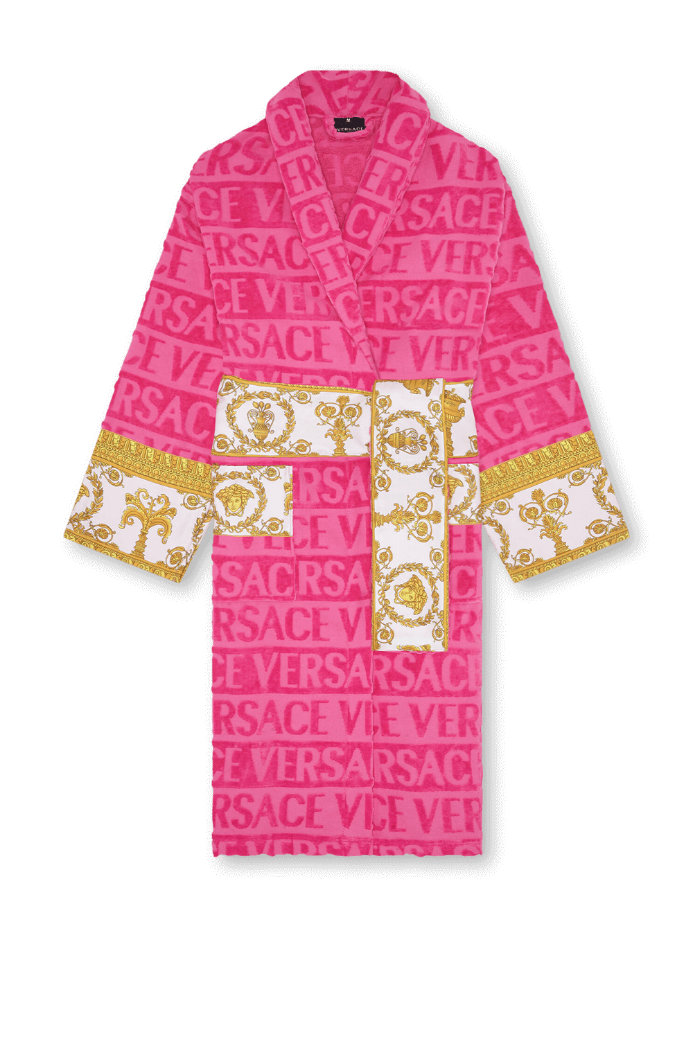 תמונה קידמית של חלוק רחצה ורוד עם לוגו והדפס בארוק