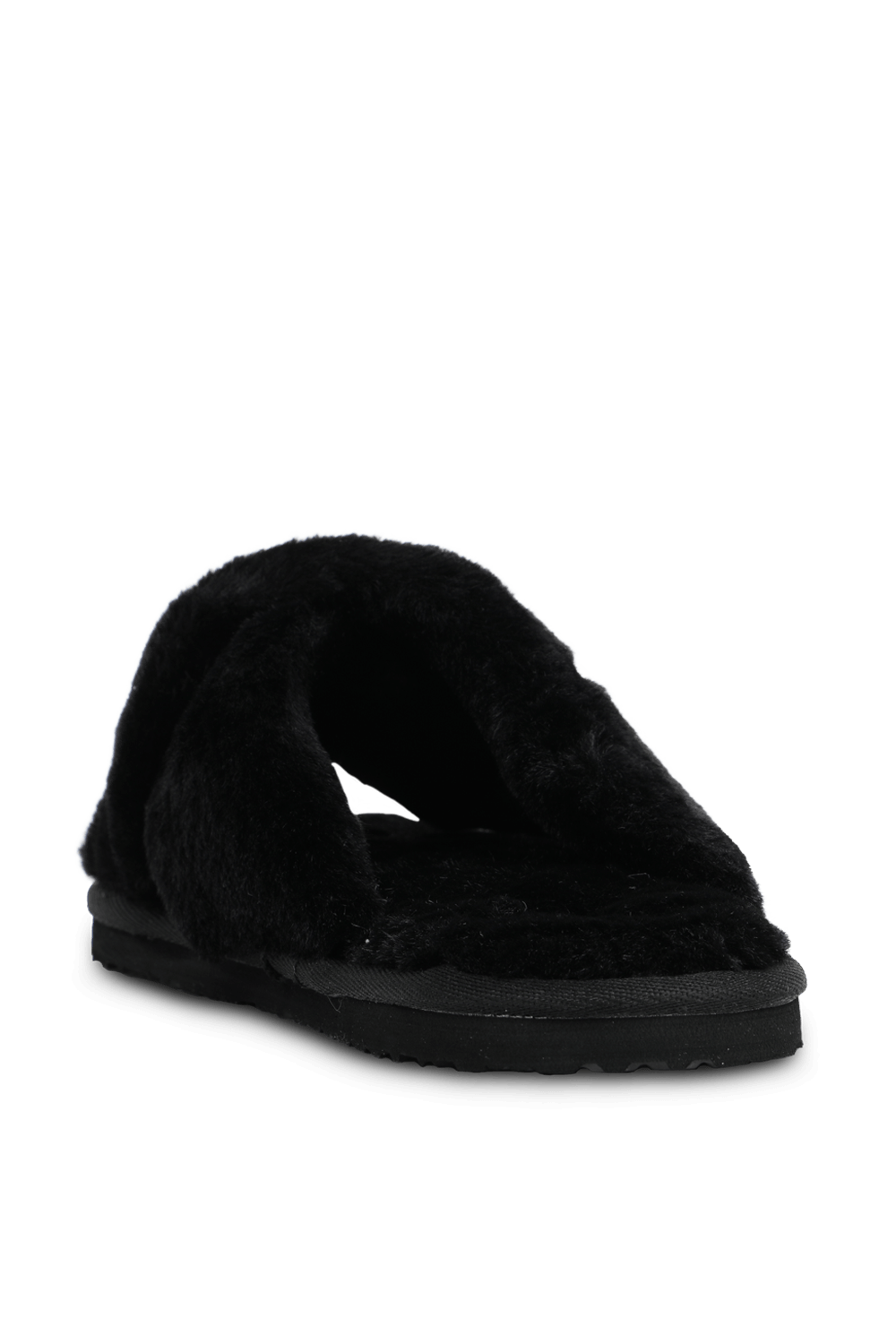 תמונה אחורית של כפכפים דמוי פרווה עם רצועות מצטלבות בגוון שחור