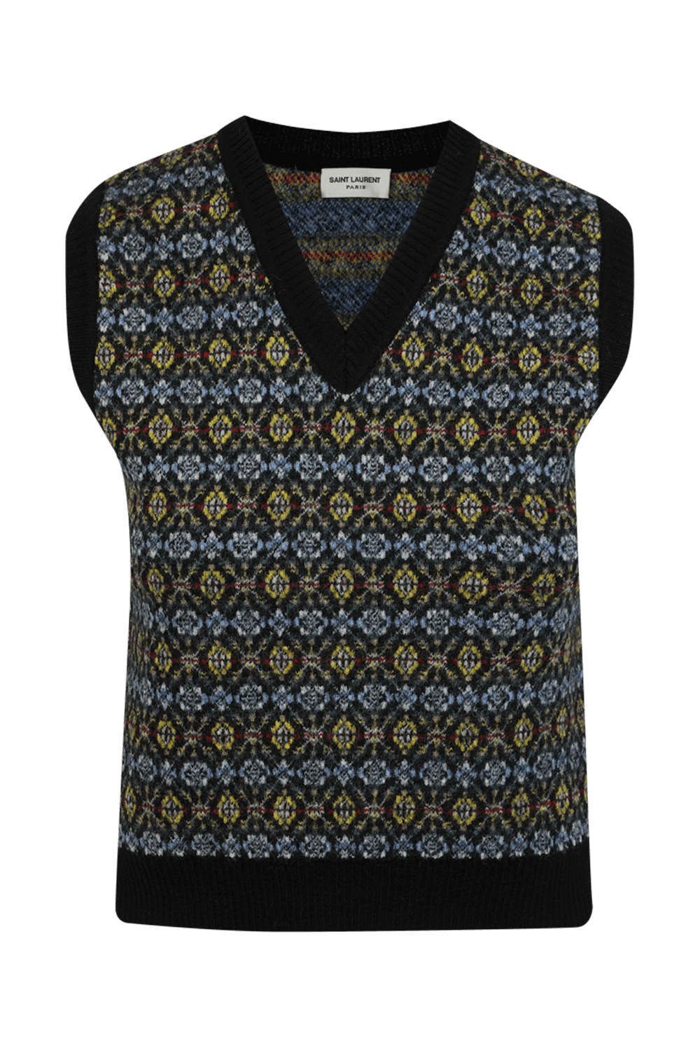 תמונה קידמית של אפודת צמר בדוגמה ייחודית בגווני שחור כחול וצהוב