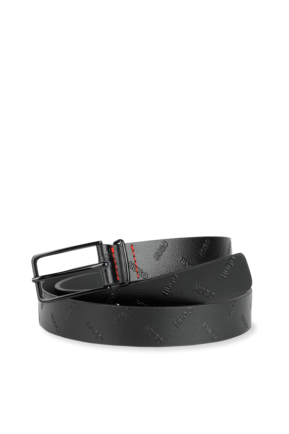 Pin-Buckle Belt in Black Leather With Embossed Logos HUGO