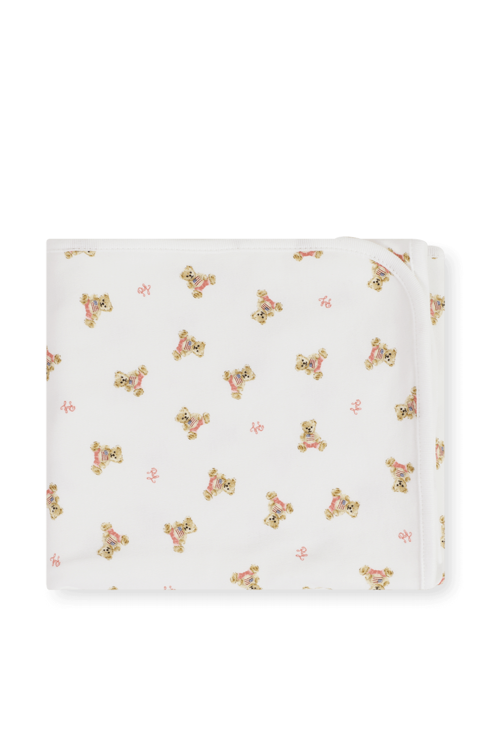 תמונה קידמית של שמיכת תינוקות לבנה עם דובי ורוד אול אובר