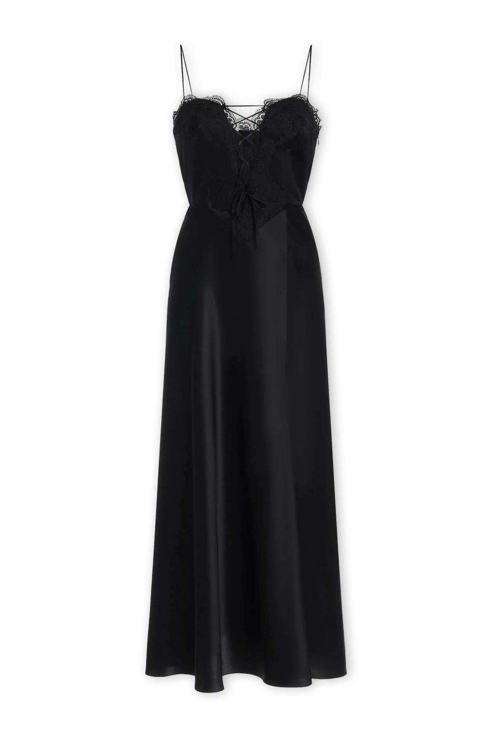 תמונה קידמית של שמלת מידי ממשי סאטן בעיטור תחרה