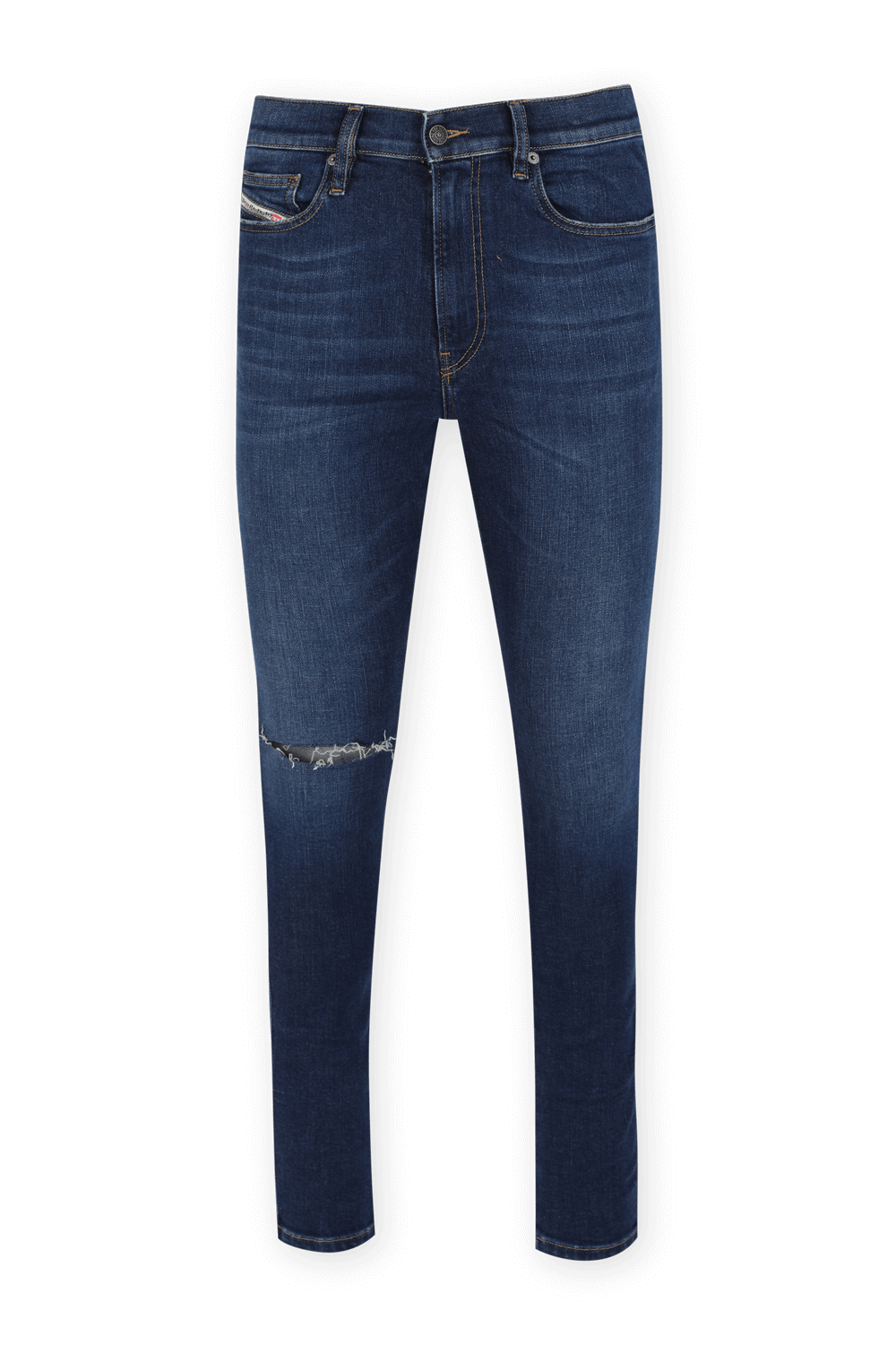 תמונה קידמית של מכנסי סקיני ג'ינס עם קרעים בשטיפת אינדיגו