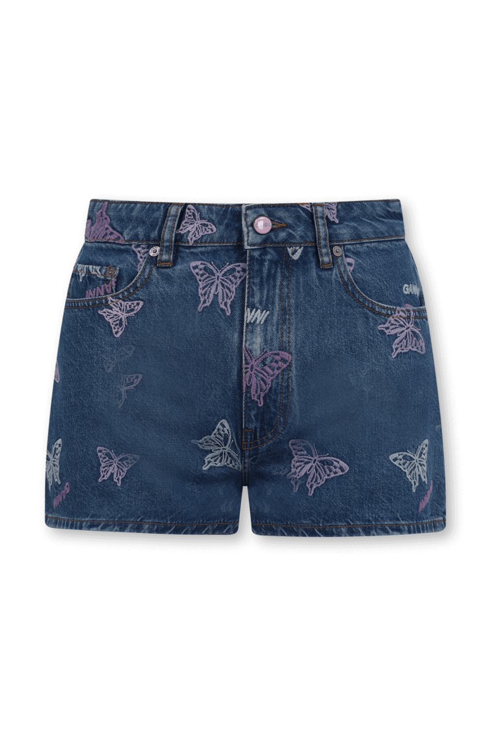 תמונה קידמית של מכנסי ג'ינס בגזרה גבוהה עם רקמת פרפרים