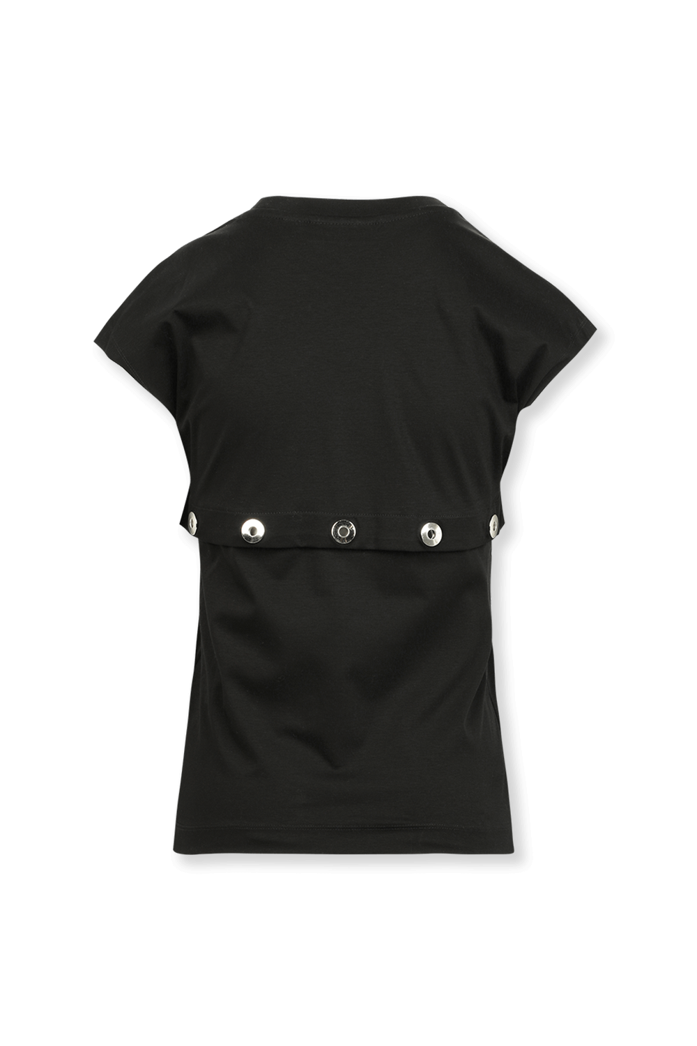 תמונה אחורית של חולצת טי שחורה עם כפתורים כסופים