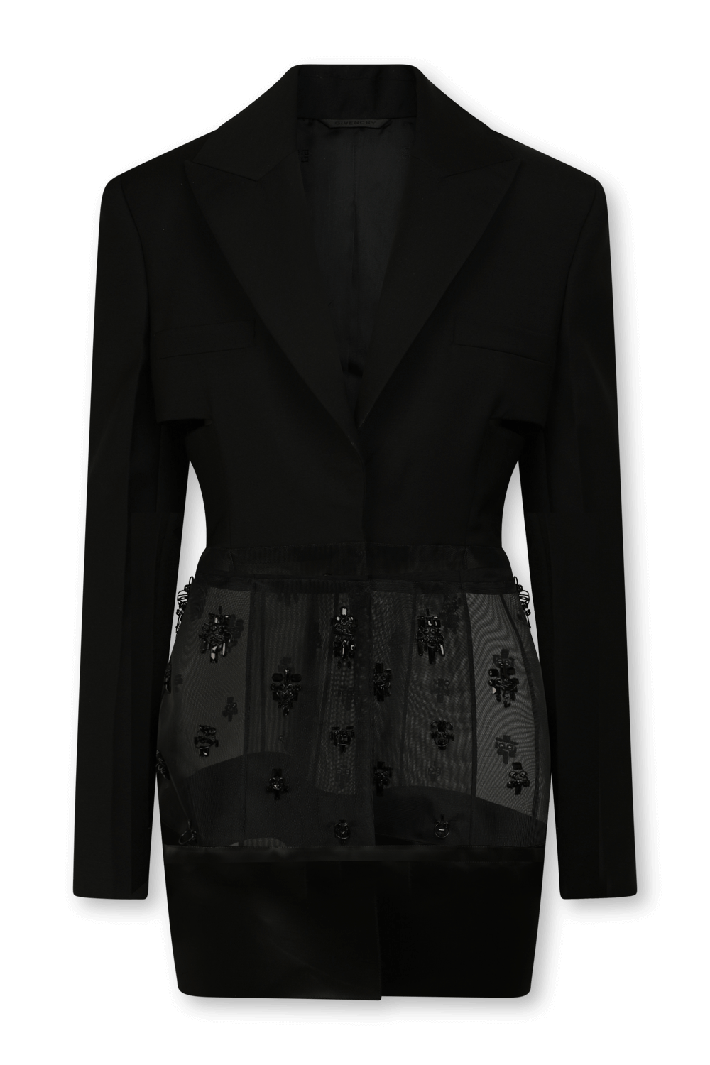 תמונה קידמית של בלייזר שחור מחויט עם רקמה מטאלית