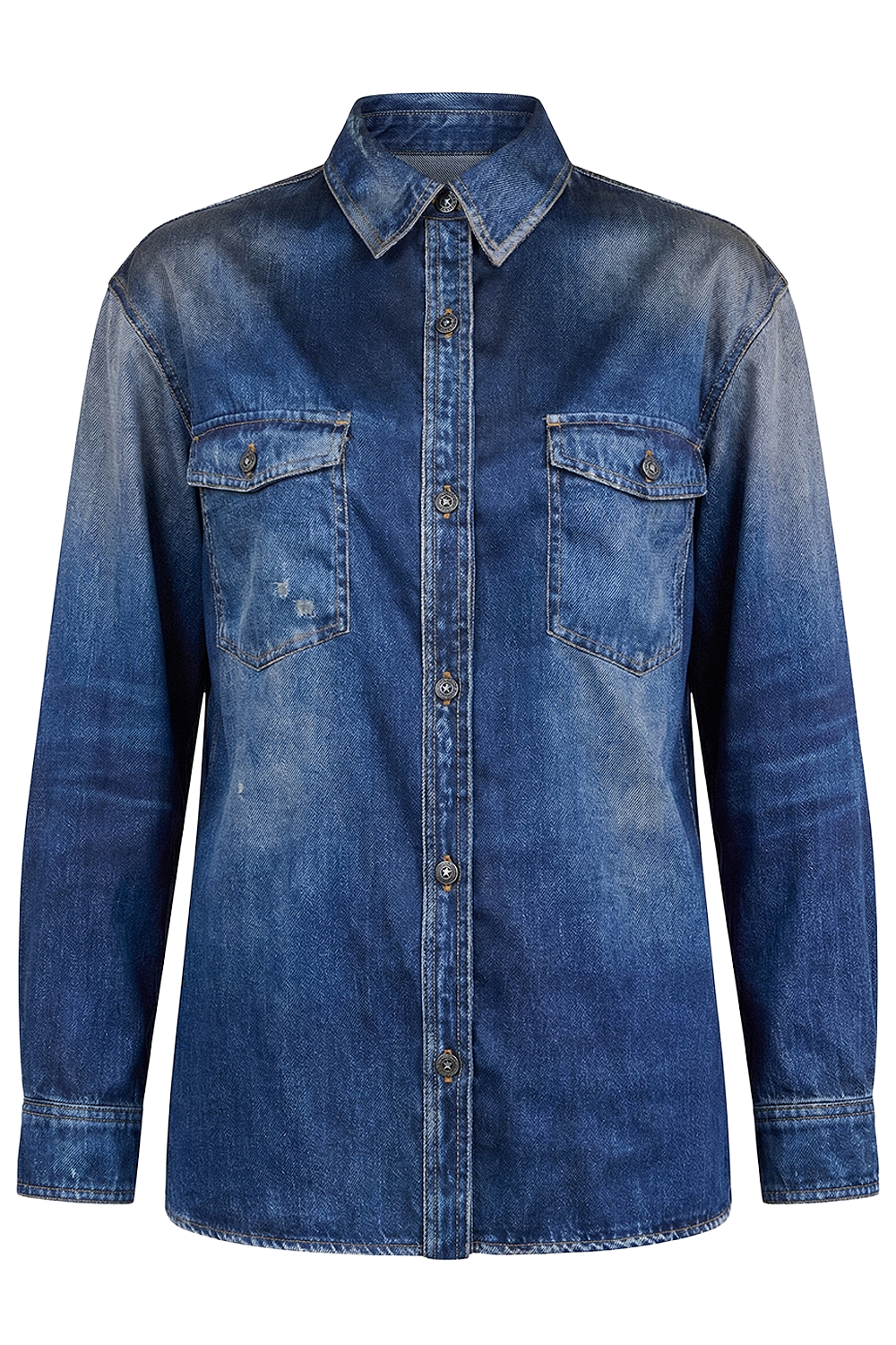 תמונה קידמית של חולצה מכופתרת בהדפס ג'ינס