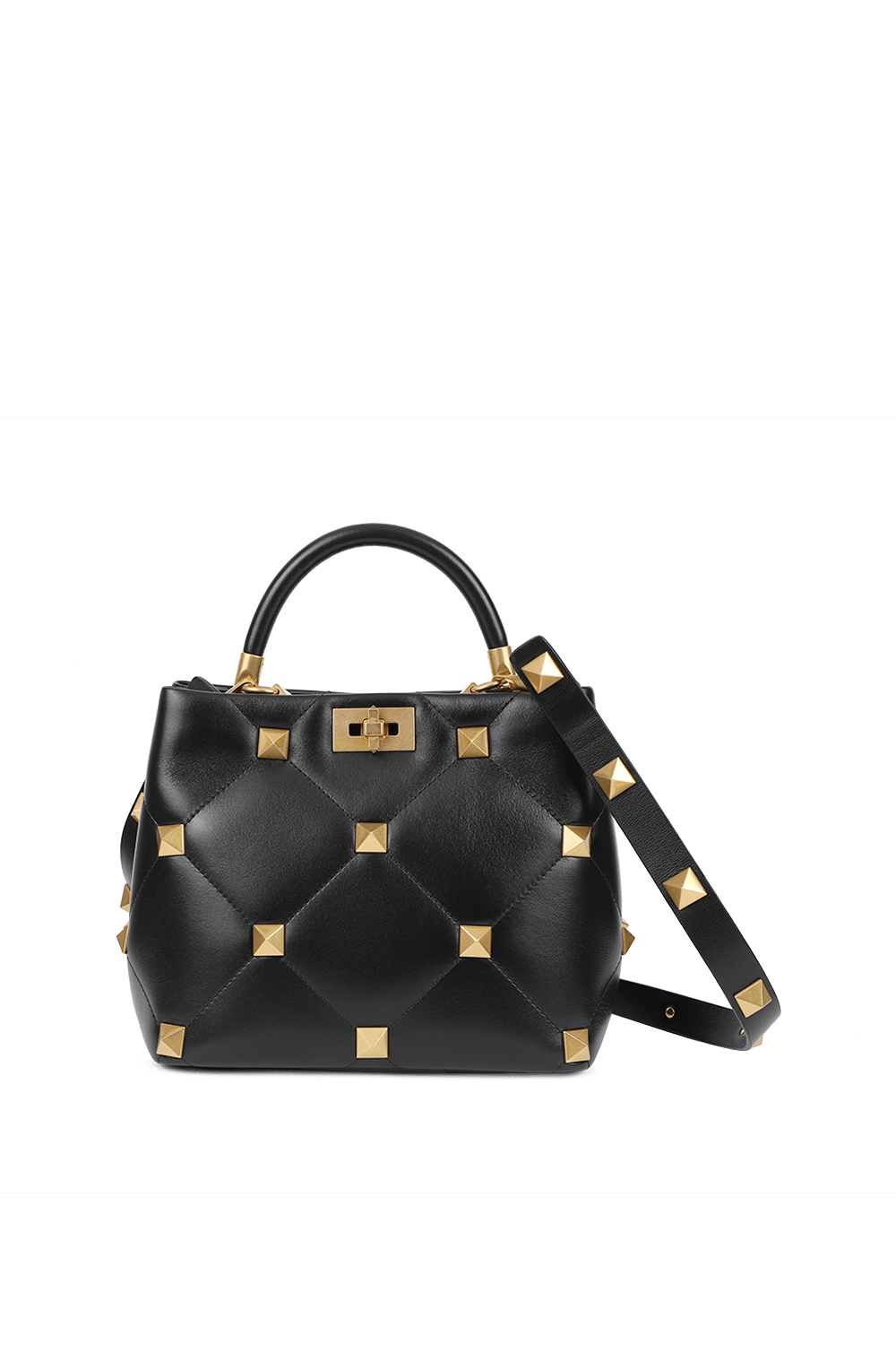 תמונה קידמית של תיק נשיאה מעור שחור עם ניטים זהובים