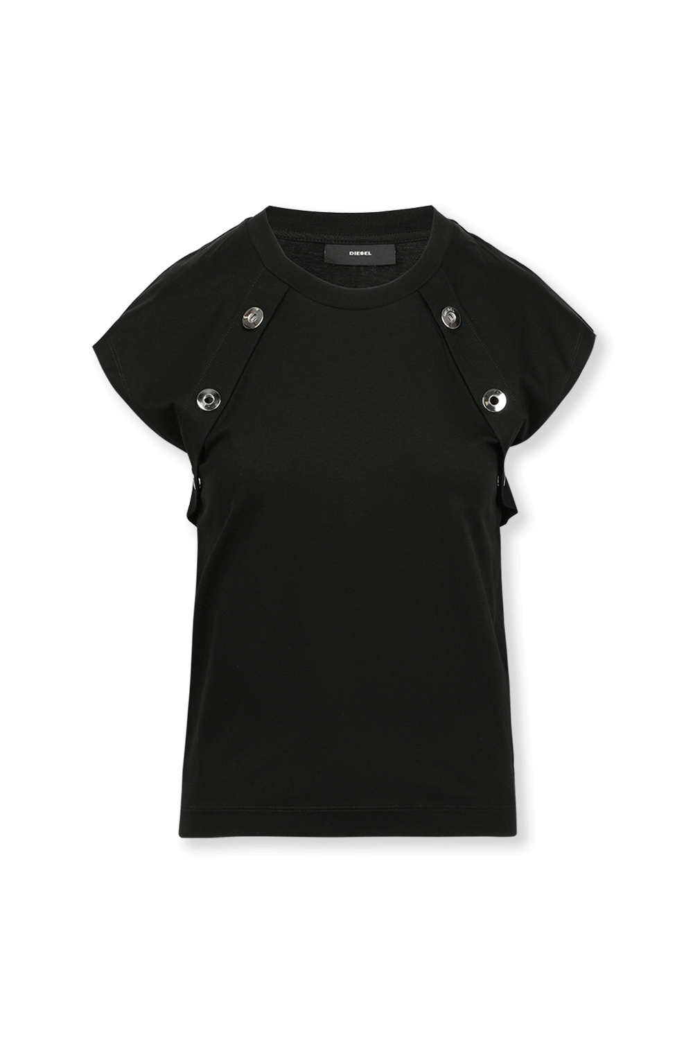 תמונה קידמית של חולצת טי שחורה עם כפתורים כסופים