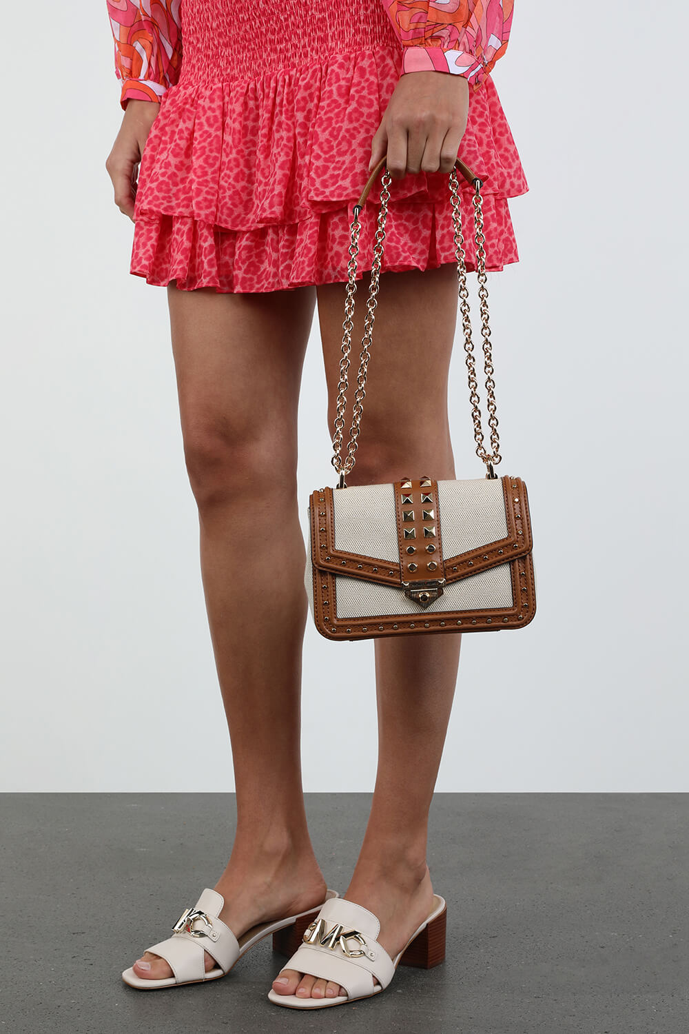 soho small studded leather and canvas shoulder bag