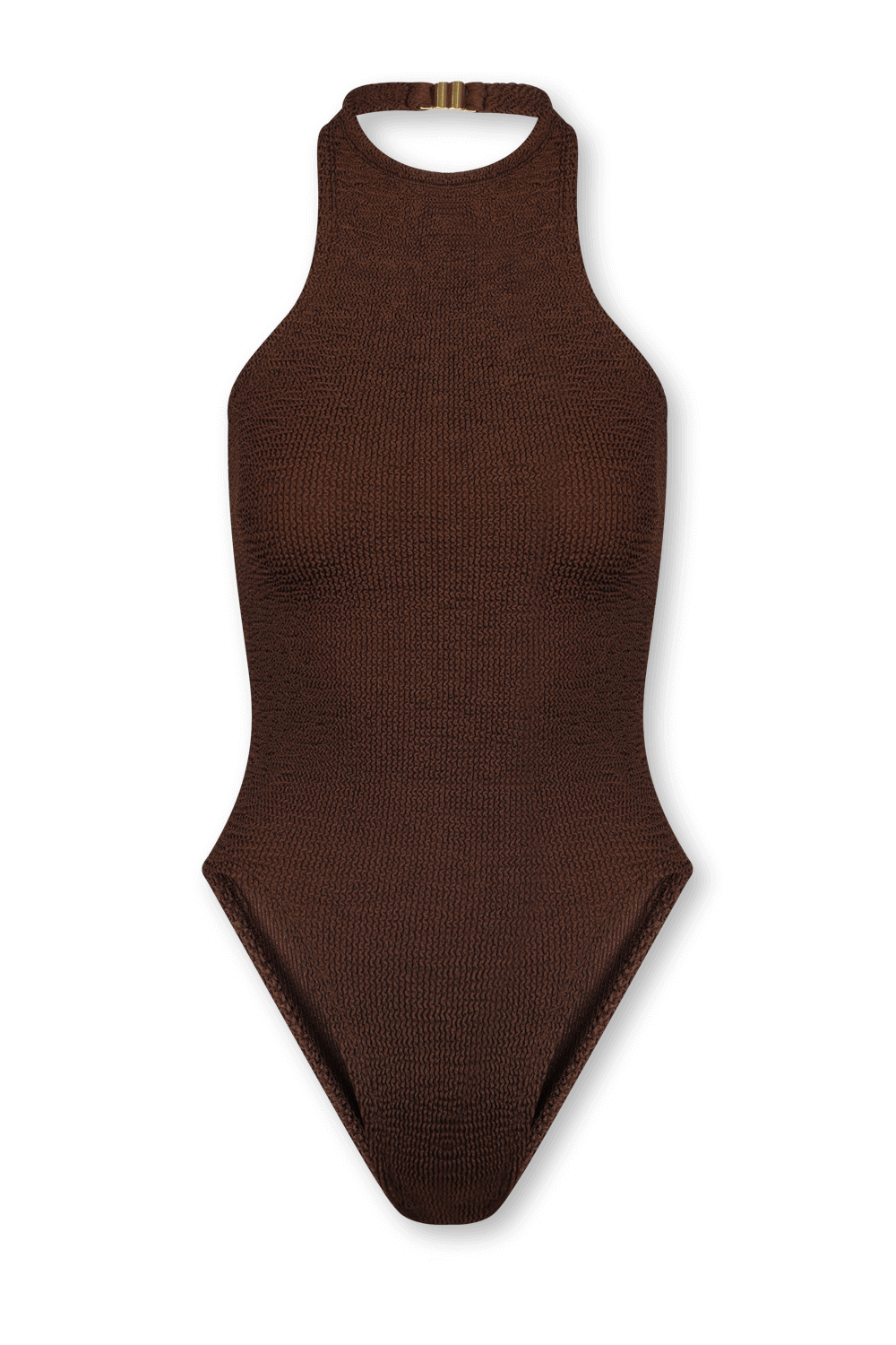 תמונה קידמית של בגד ים שלם חום עם צווארון קולר