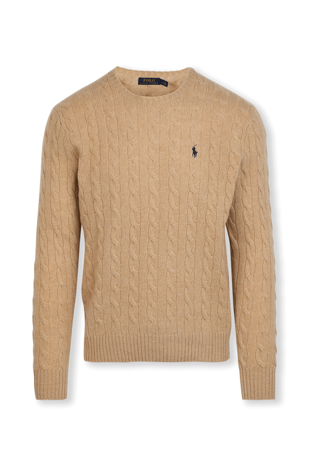תמונה קידמית של Cable-Knit Cotton Sweater in Camel