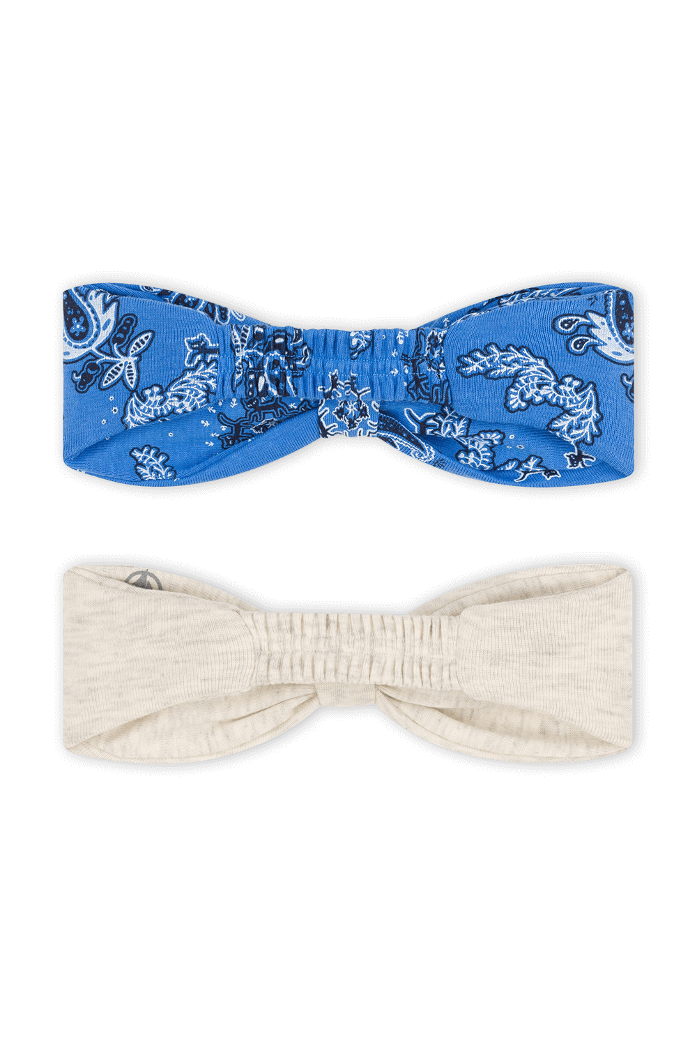 תמונה אחורית של מארז שני פפיונים לשיער בגווני כחול ולבן