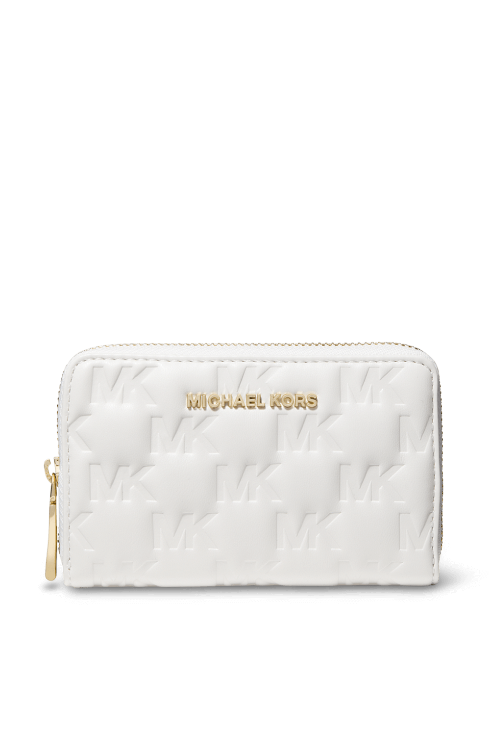 תמונה קידמית של ארנק קטן עם דוגמה מונוגרמית מוטבעת בגוון לבן