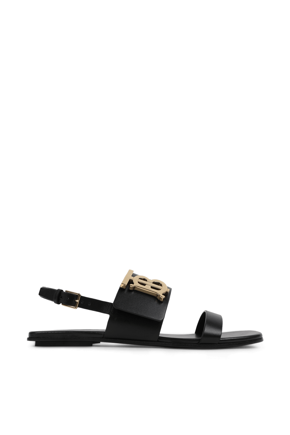 תמונה קידמית של סנדל שחור מעור עם אלמנט מוזהב