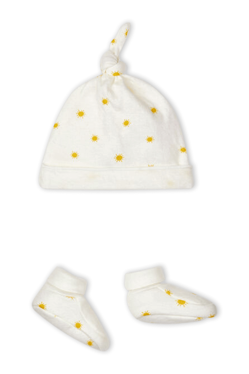 תמונה קידמית של גילאי NB- 18 חודשים סט נעלי בית וכובע גרב לבן עם הדפס שמש