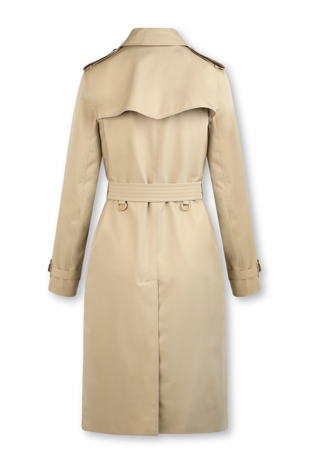 תמונה אחורית של מעיל טרנץ' קנסינגטון בגוון בז׳ עם בטנה משובצת