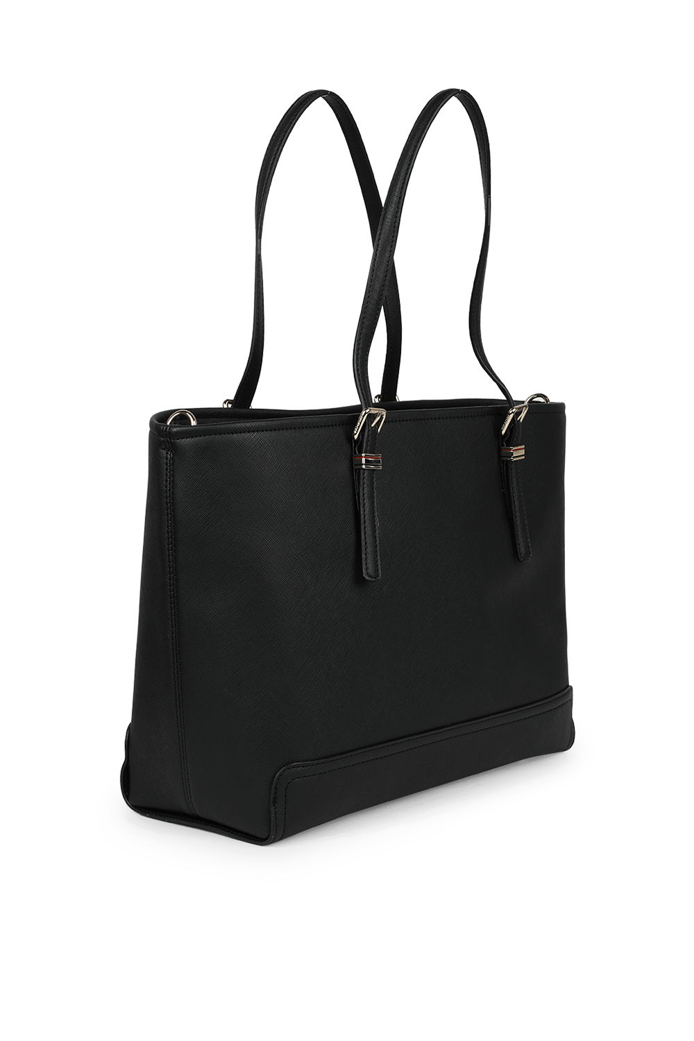 תמונה אחורית של תיק נשיאה שחור עם אלמנטים מטאליים