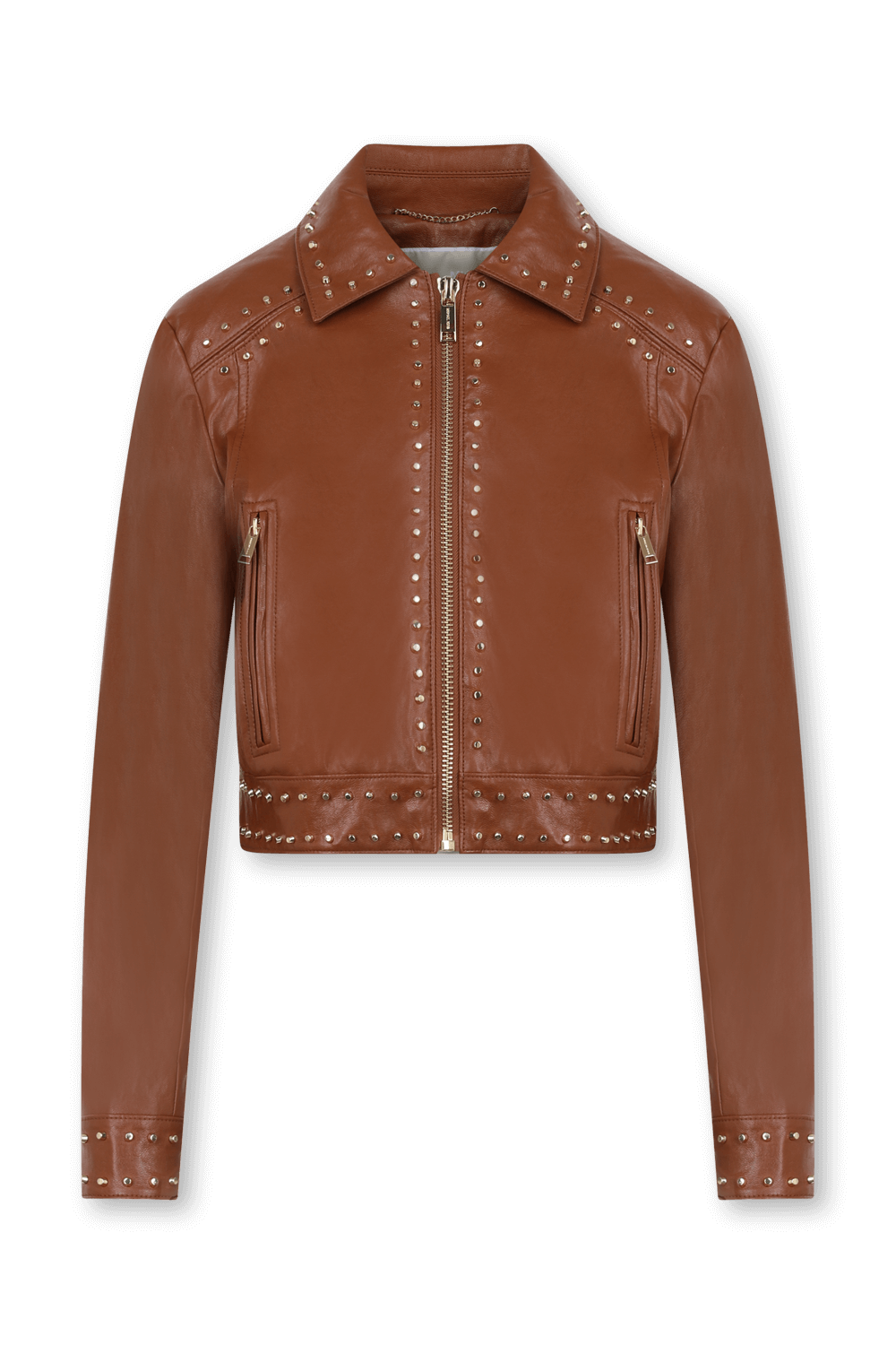 תמונה קידמית של ז'קט עור קרופ משובץ