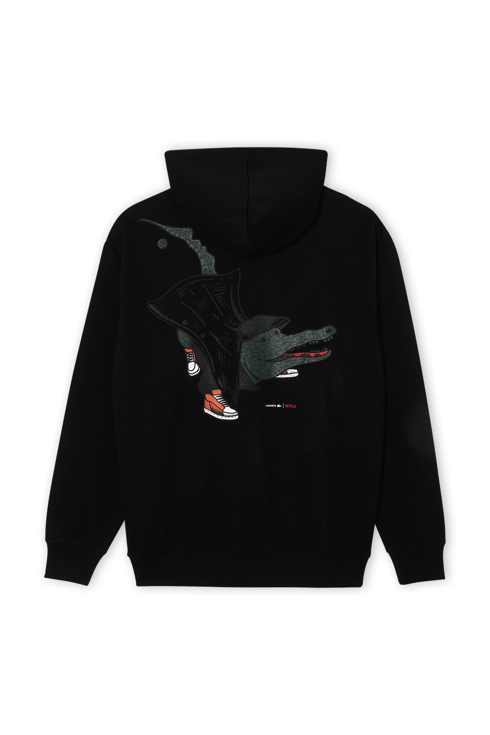 תמונה אחורית של לקוסט X נטפליקס סווטשירט קפוצ'ון עם הדפס בגב