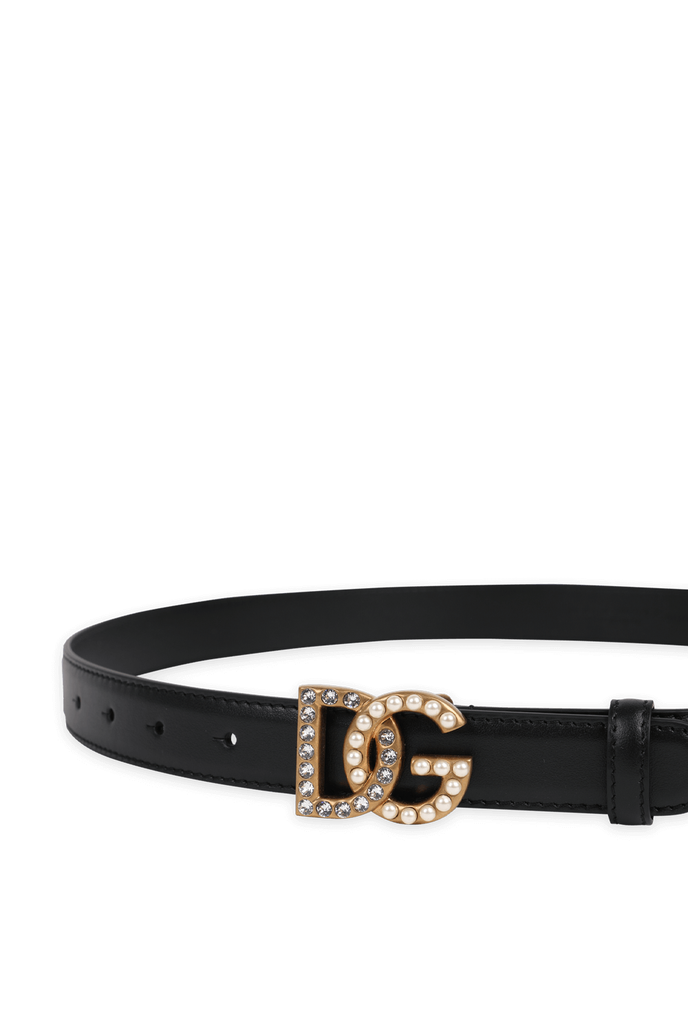 תמונת פנים של חגורת עור שחורה עם אבזם מוזהב ומשובץ אבנים