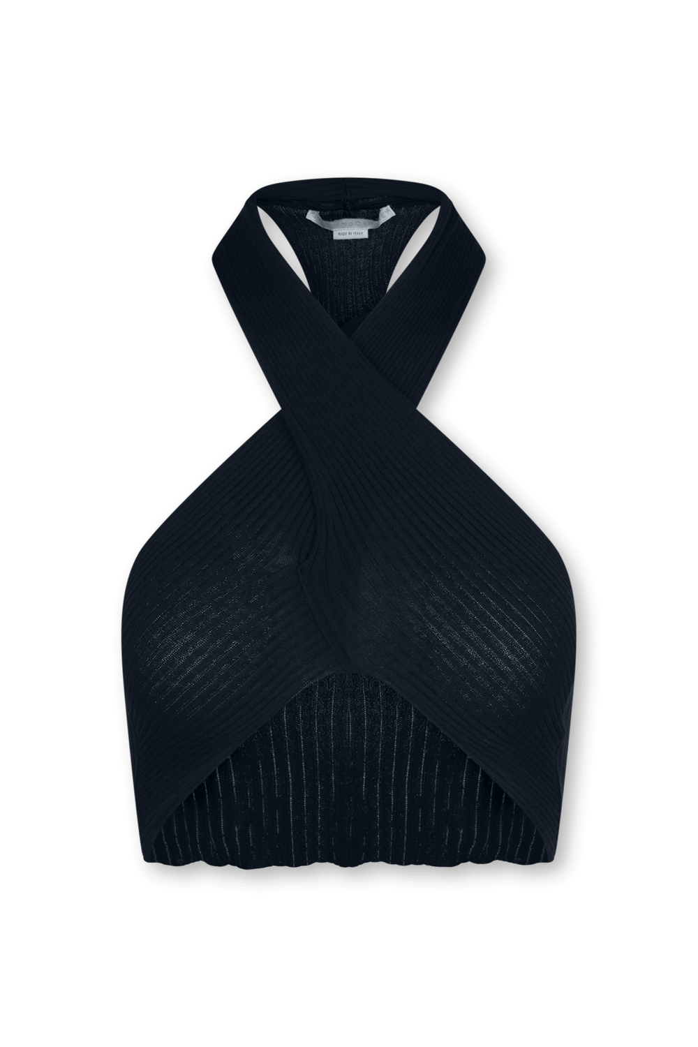 תמונה קידמית של טופ עם קולר בהצלבה בסריגת ריב