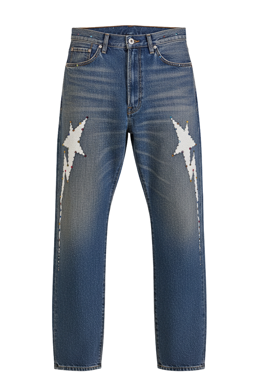 תמונה קידמית של מכנסי ג'ינס בגזרה ישרה בשיבוץ אבנים