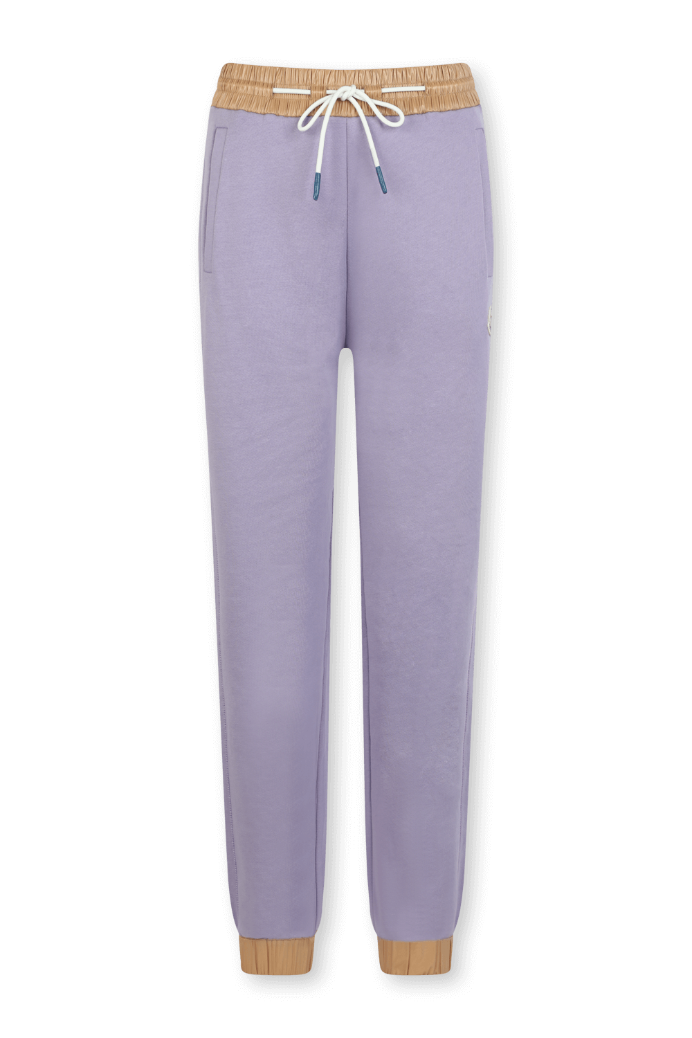 תמונה קידמית של מכנסי טרנינג סגולים עם לוגו