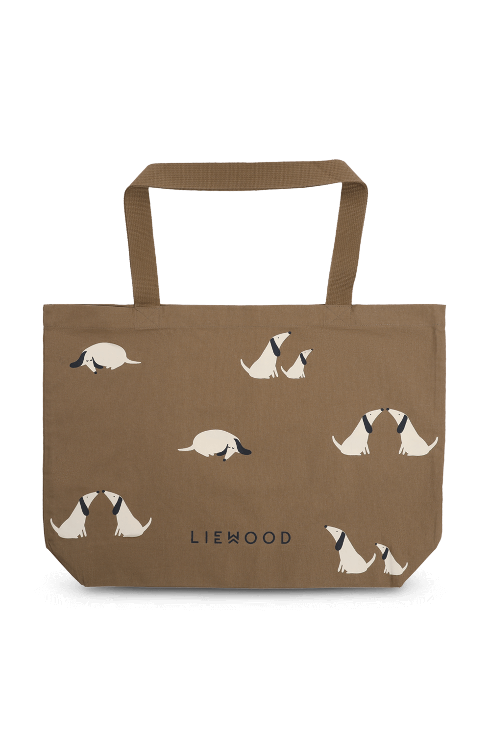 תמונה קידמית של תיק נשיאה מכותנה עם הדפס כלבים