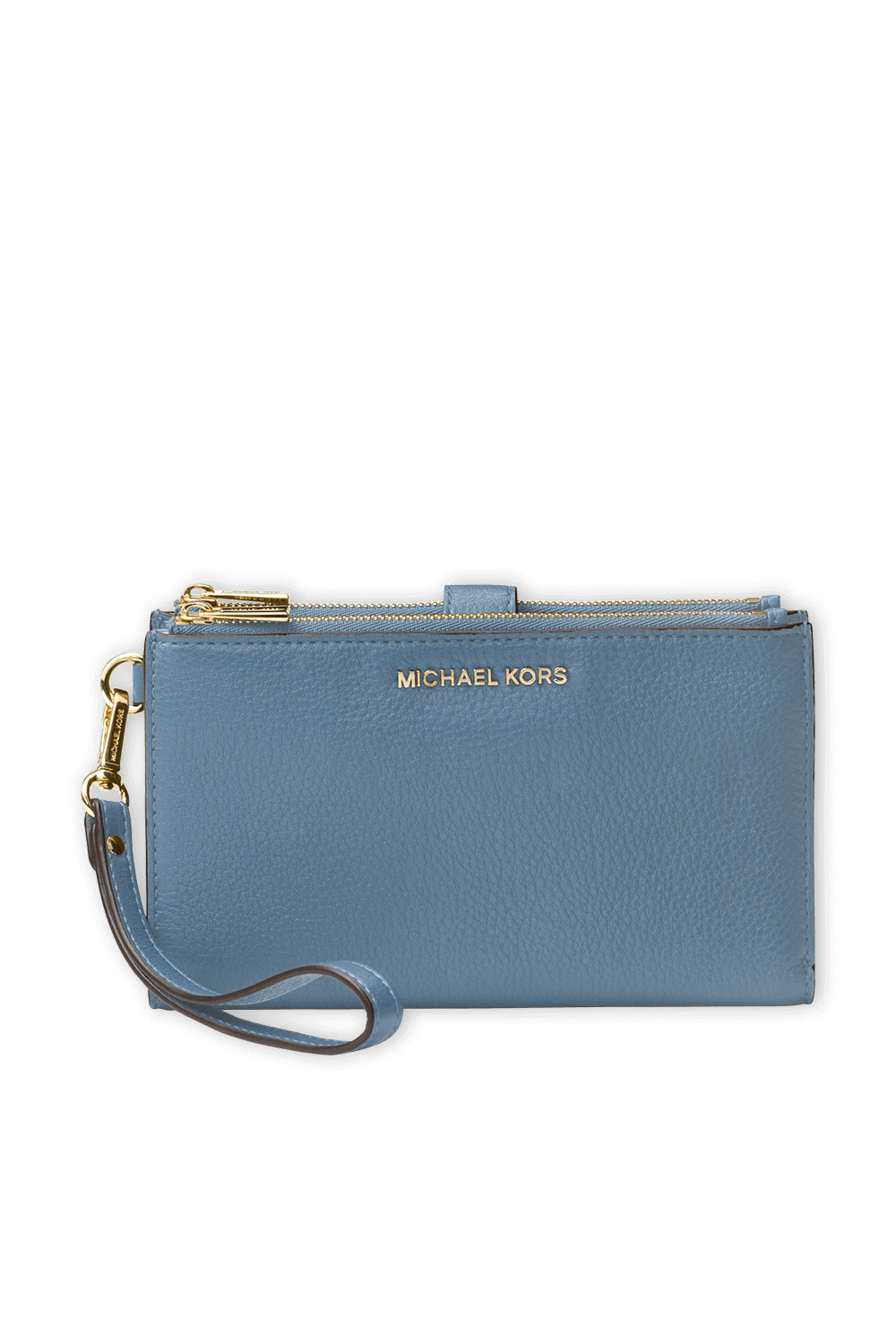 תמונה קידמית של ארנק מעור תכלת עם רצועת אחיזה