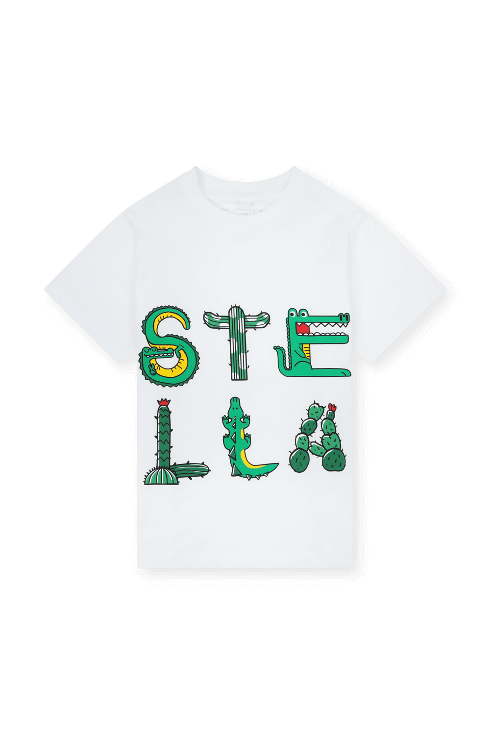 תמונה קידמית של גילאי 2-14 חולצה לבנה עם לוגו דינוזאור ירוק