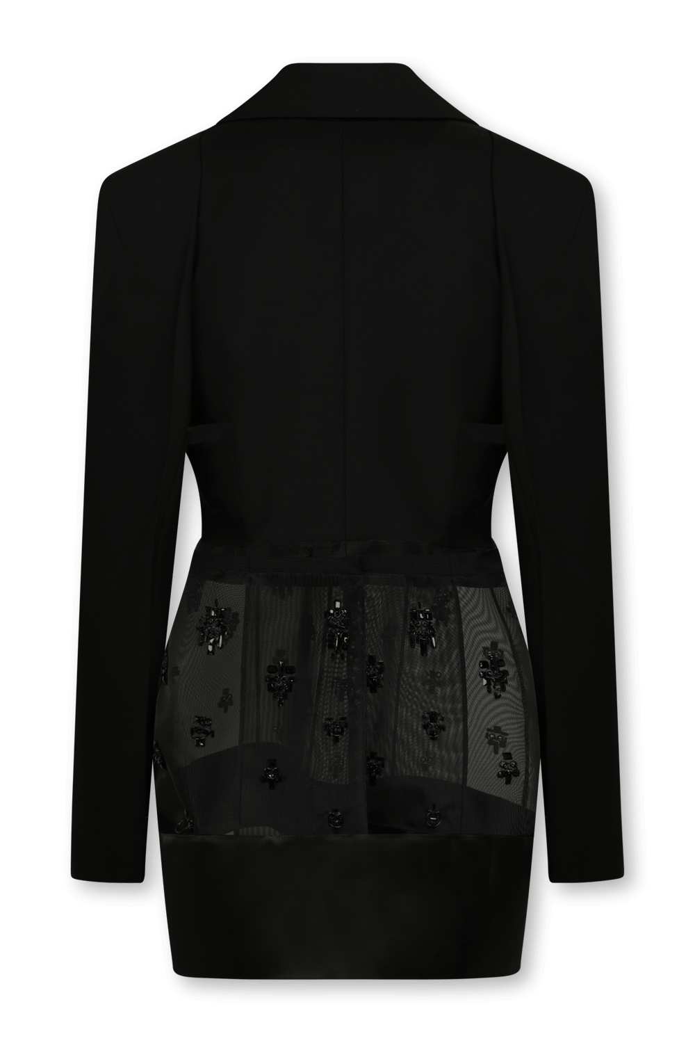 תמונה אחורית של בלייזר שחור מחויט עם רקמה מטאלית