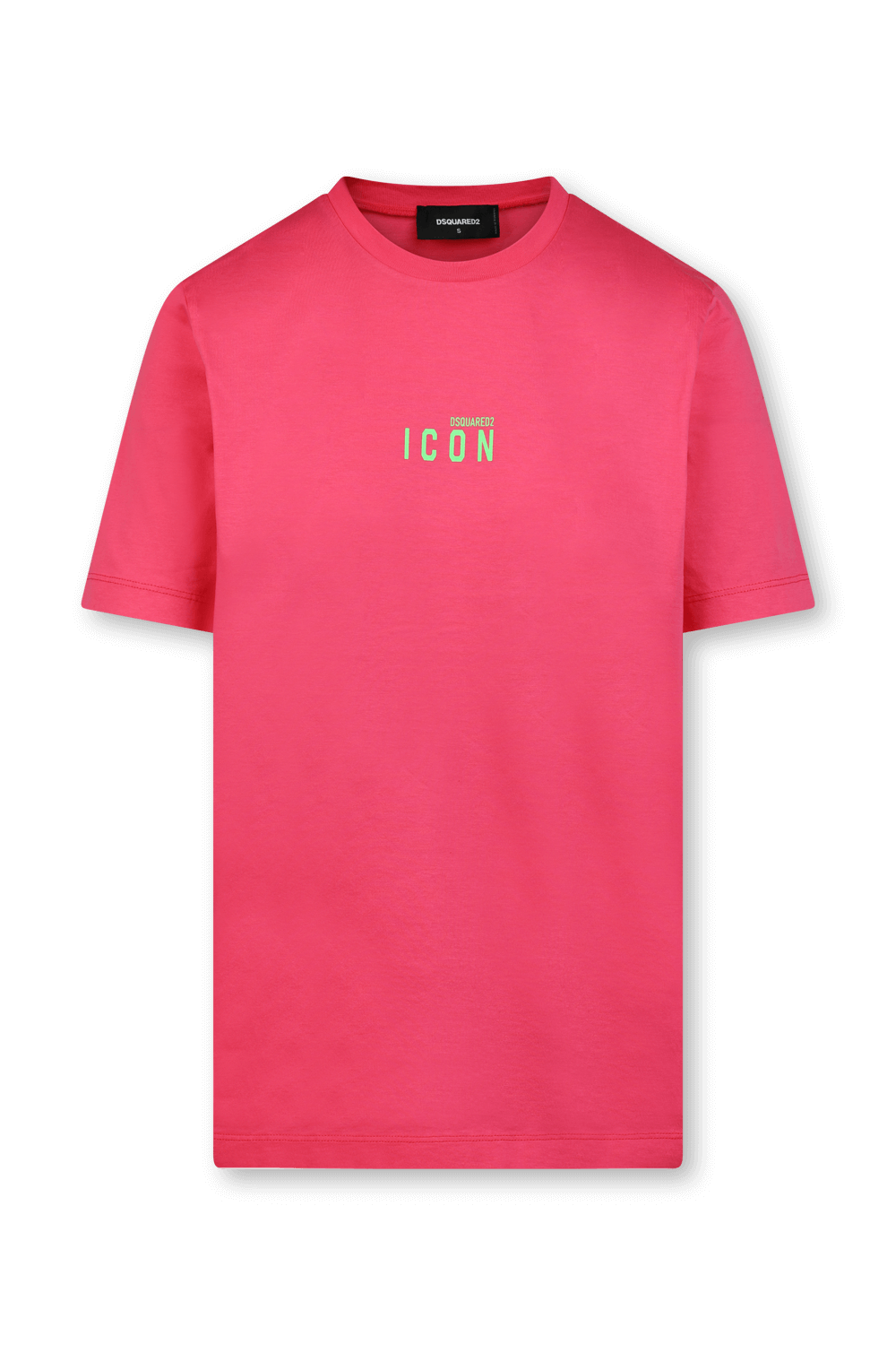 תמונה קידמית של חולצת טי ורודה עם לוגו ירוק זוהר