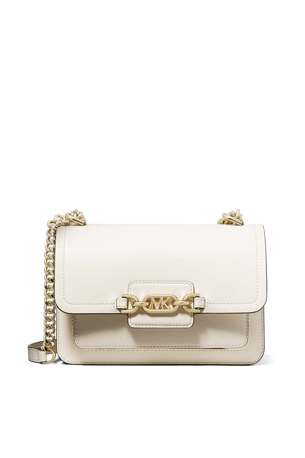 תמונה קידמית של תיק צד מיני מעור לבן עם אבזם לוגו זהב