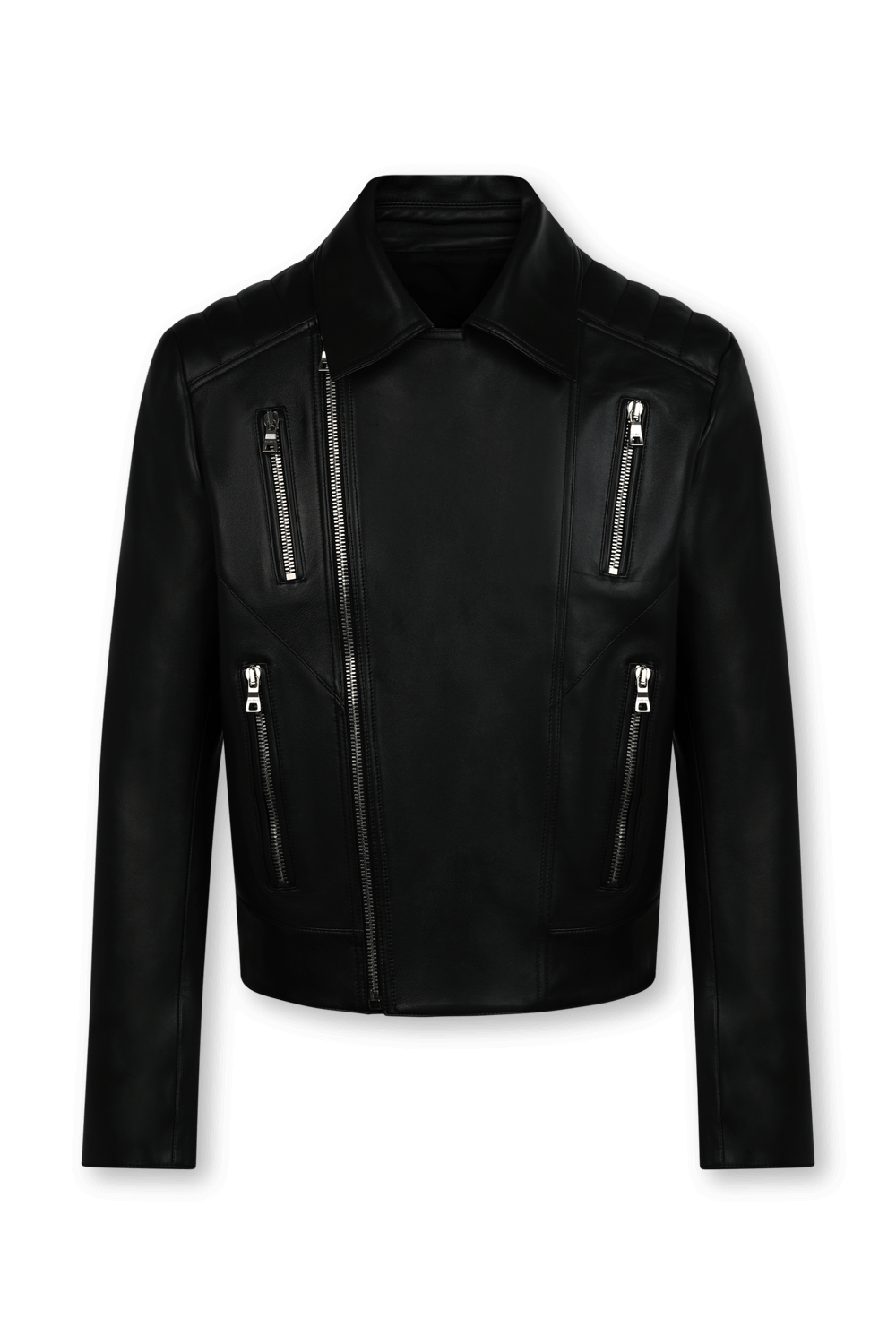 תמונה קידמית של ז'קט עור מרוכסן עם כיסים