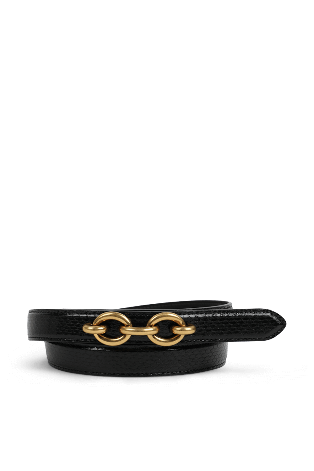 תמונה קידמית של חגורת מיילון דקה מעור קרקו בגוון שחור