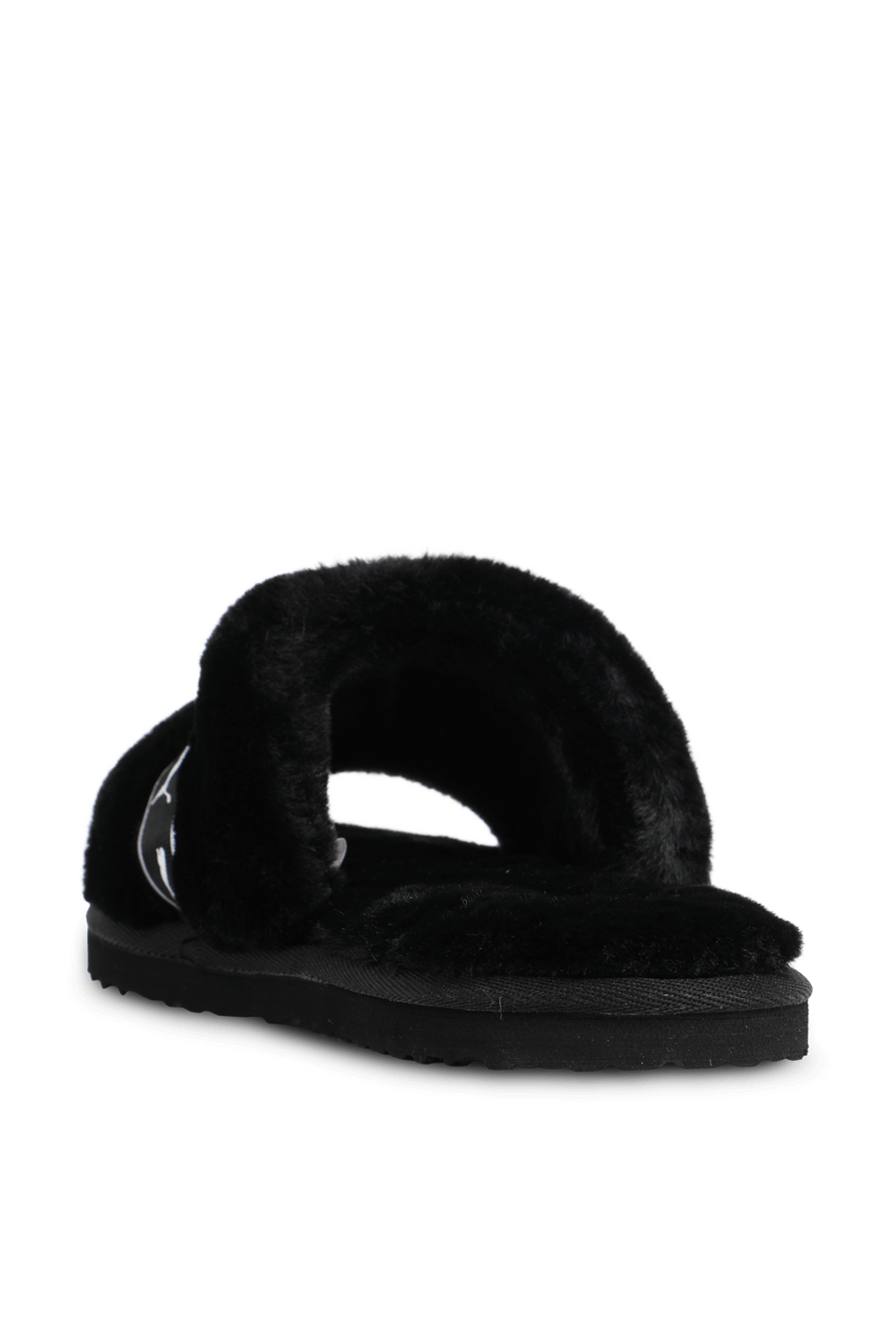 תמונה אחורית של נעלי בית דמוי פרווה בצבע שחור