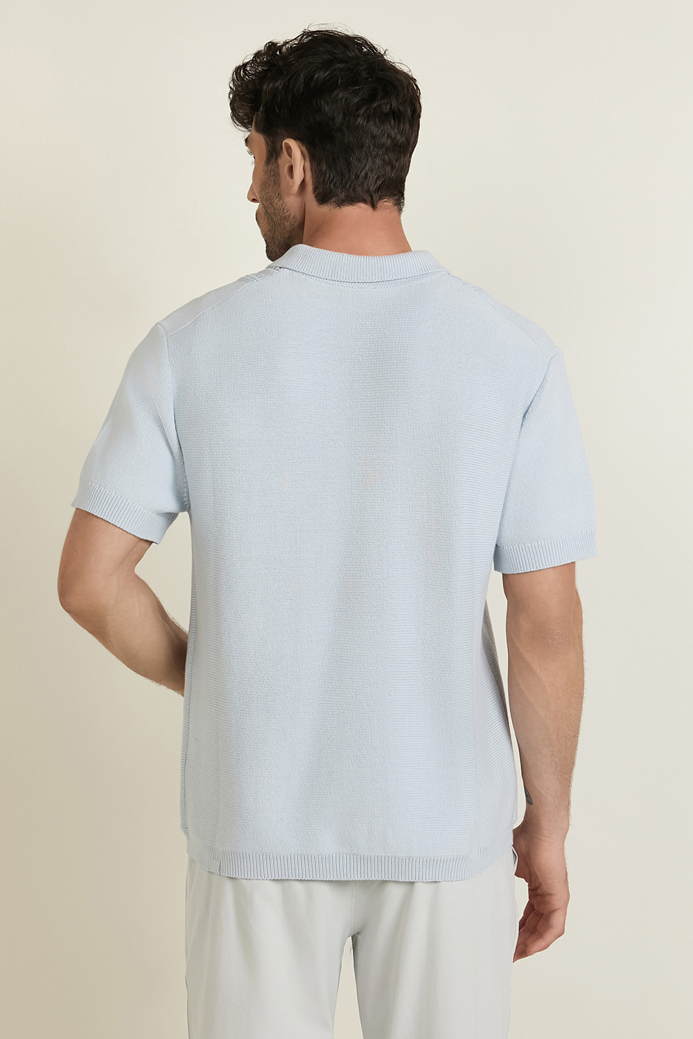 תמונת דוגמן אחורית של Cotton-Blend Knit Button Up Short-Sleeve Shirt