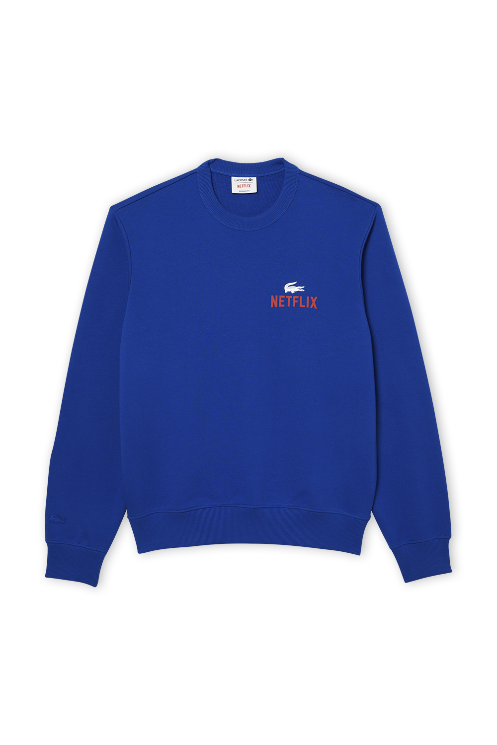 תמונה קידמית של לקוסט X נטפליקס סווטשירט עם הדפס בגב