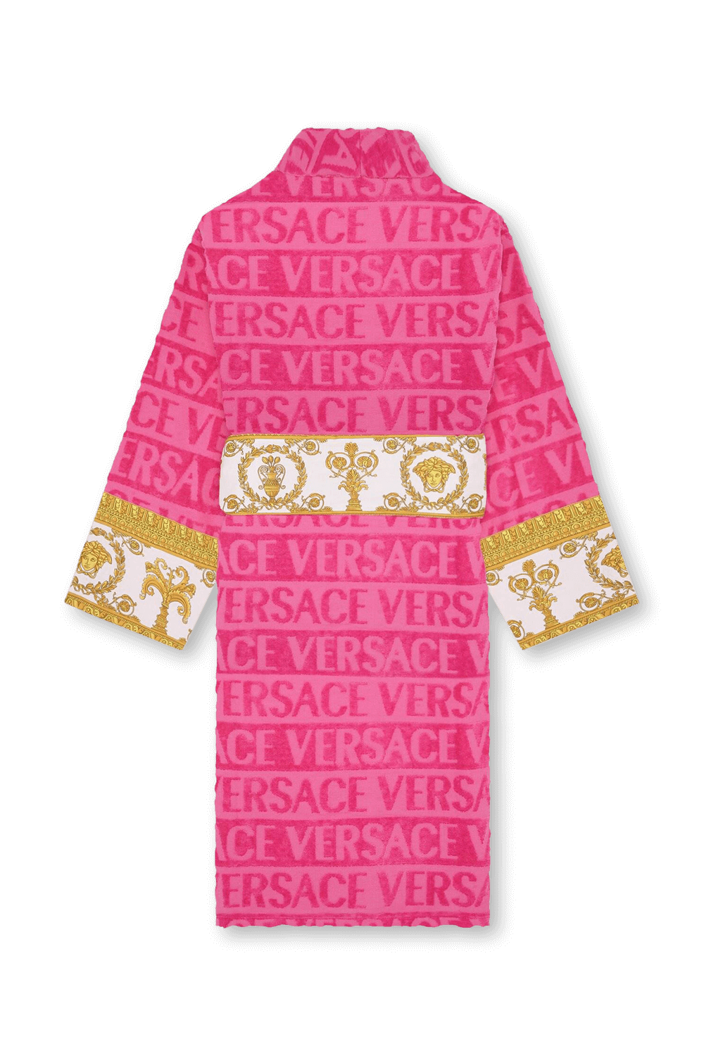 תמונה אחורית של חלוק רחצה ורוד עם לוגו והדפס בארוק