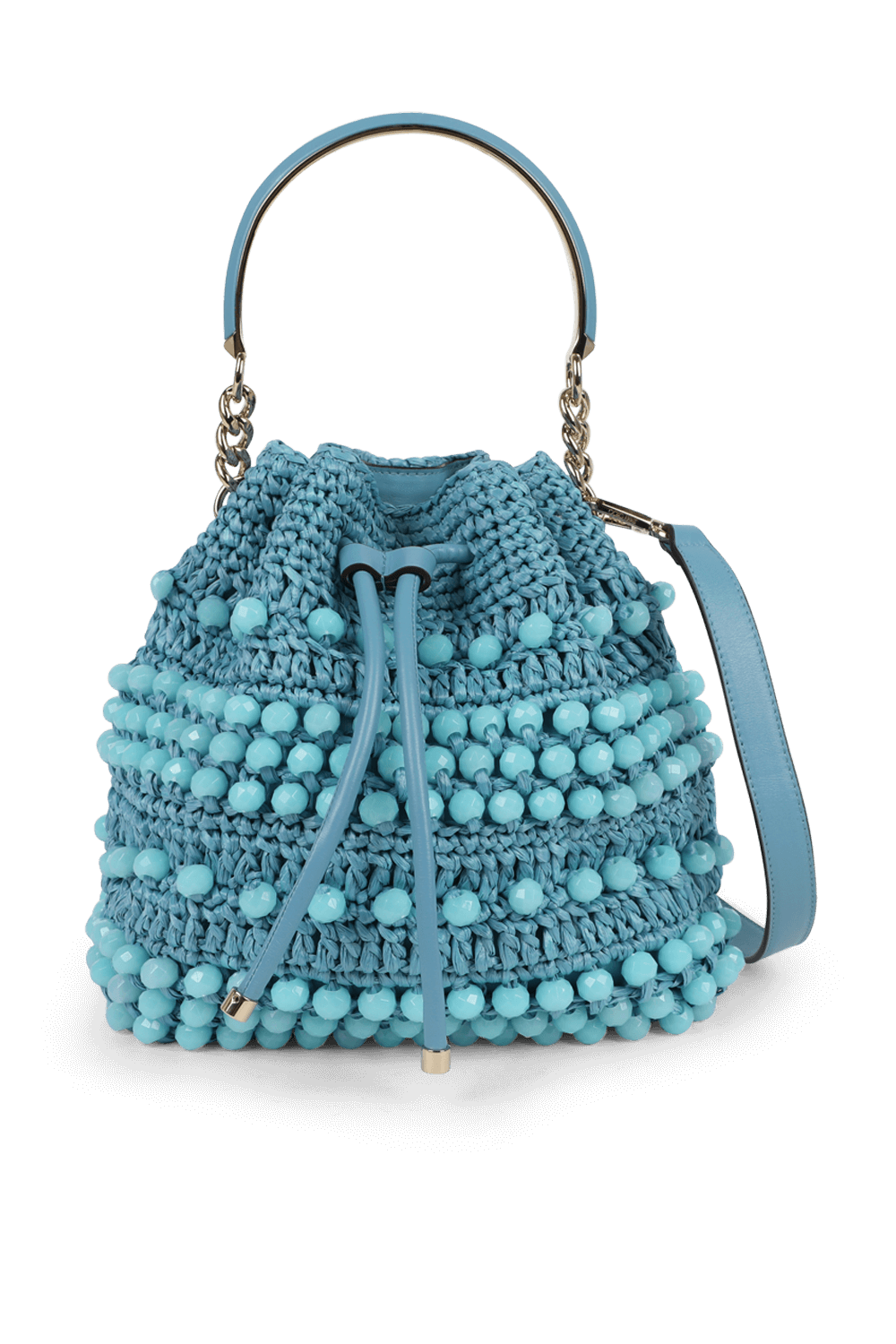 תמונה קידמית של תיק נשיאה סרוג עם חרוזים בגוון תכלת