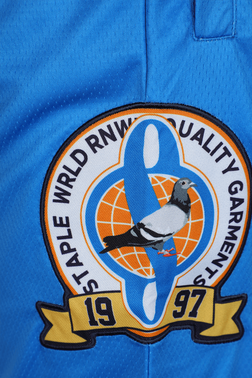 תמונה אחורית של מכנסי כדורסל כחולים עם לוגו רקום