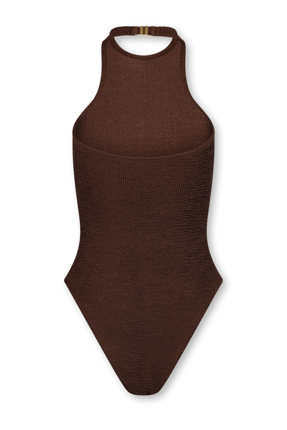 תמונה אחורית של בגד ים שלם חום עם צווארון קולר