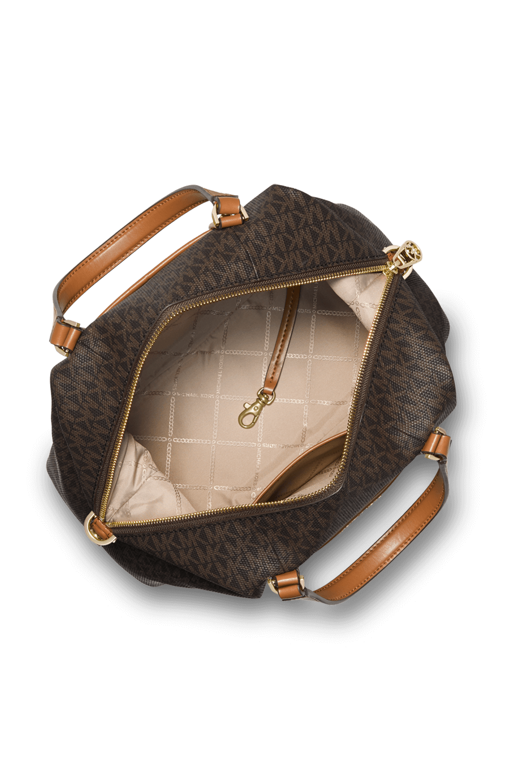 תמונת תקריב של תיק נשיאה חום עם לוגו מטאלי