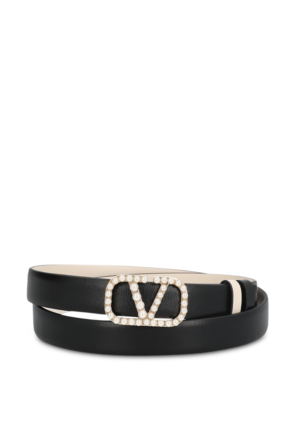 תמונה קידמית של חגורה דו צדדית עם אבזם פנינים