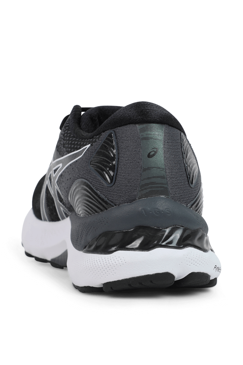 תמונה אחורית של נעלי ספורט ג'ל נימבוס 23 בגווני שחור ולבן