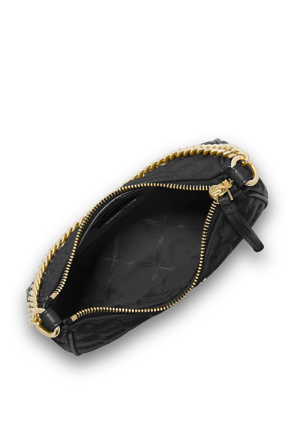 תמונה אחורית של תיק כתף שחור עם פרינט מונוגרמי מוטבע