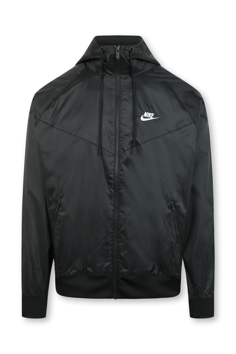 תמונה קידמית של מעיל רוח שחור מרוכסן עם לוגו צידי