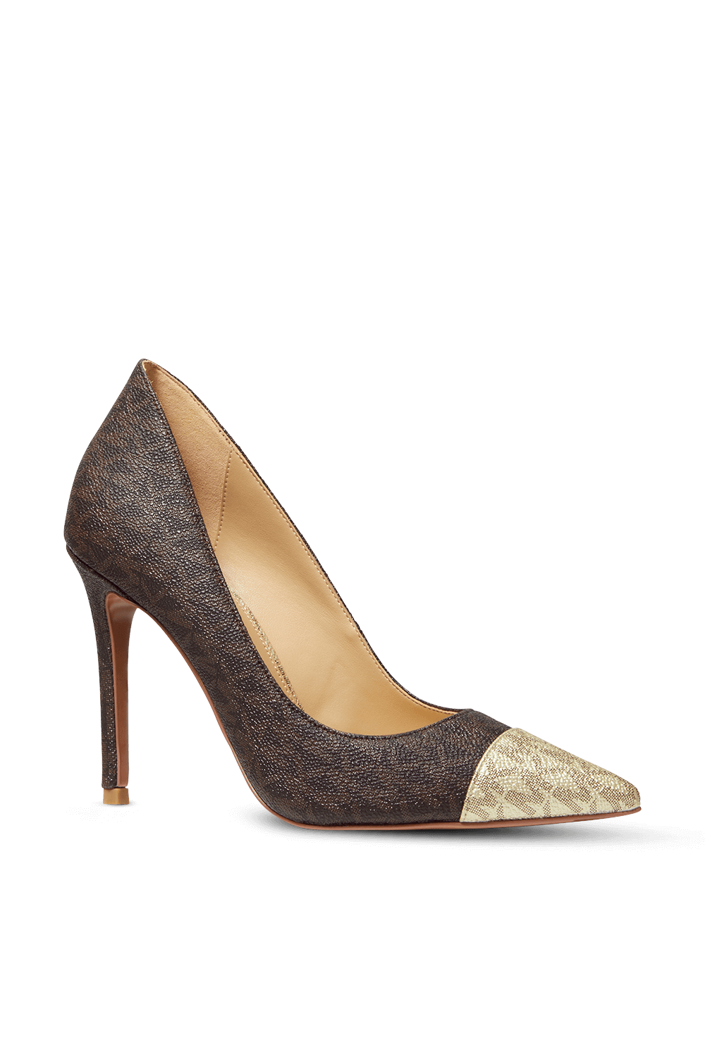 תמונה אחורית של נעלי עקב מונוגרמיות חומות