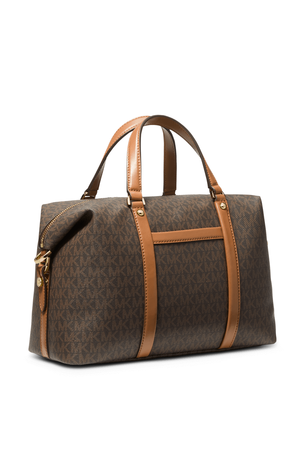 תמונה אחורית של תיק נשיאה חום עם לוגו מטאלי